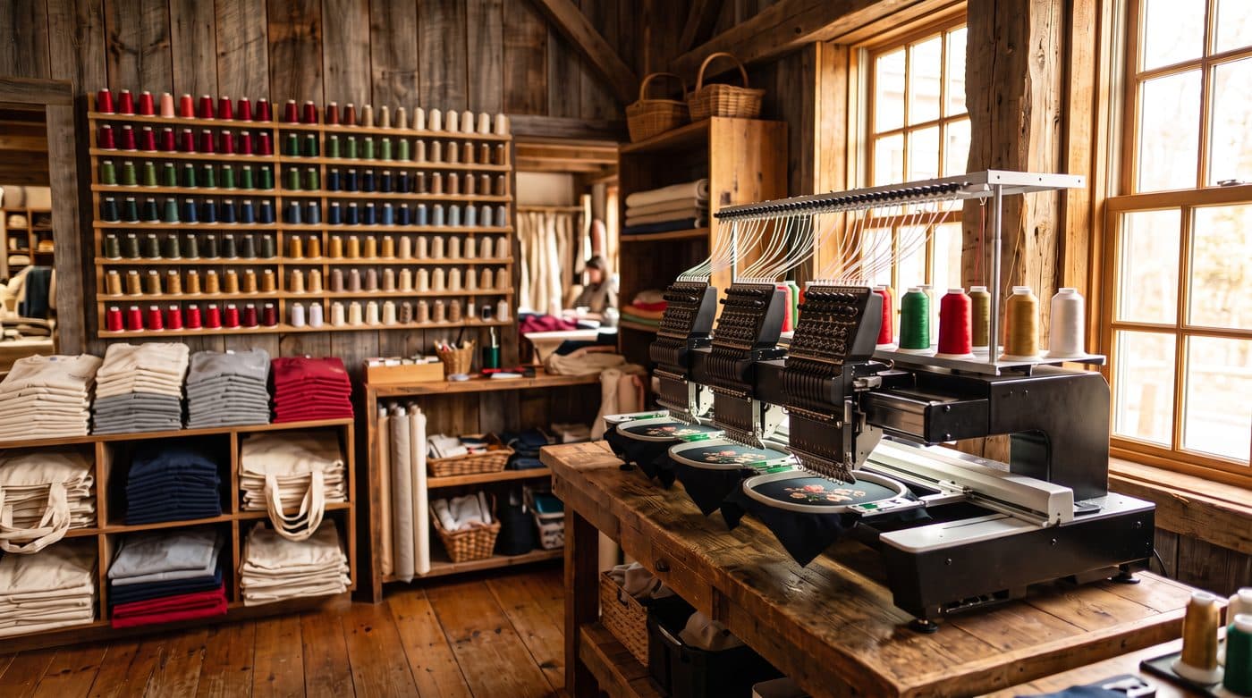 Inside the Thread Shed workshop: an embroidery machine, walls of thread spools and stacks of custom shirts
